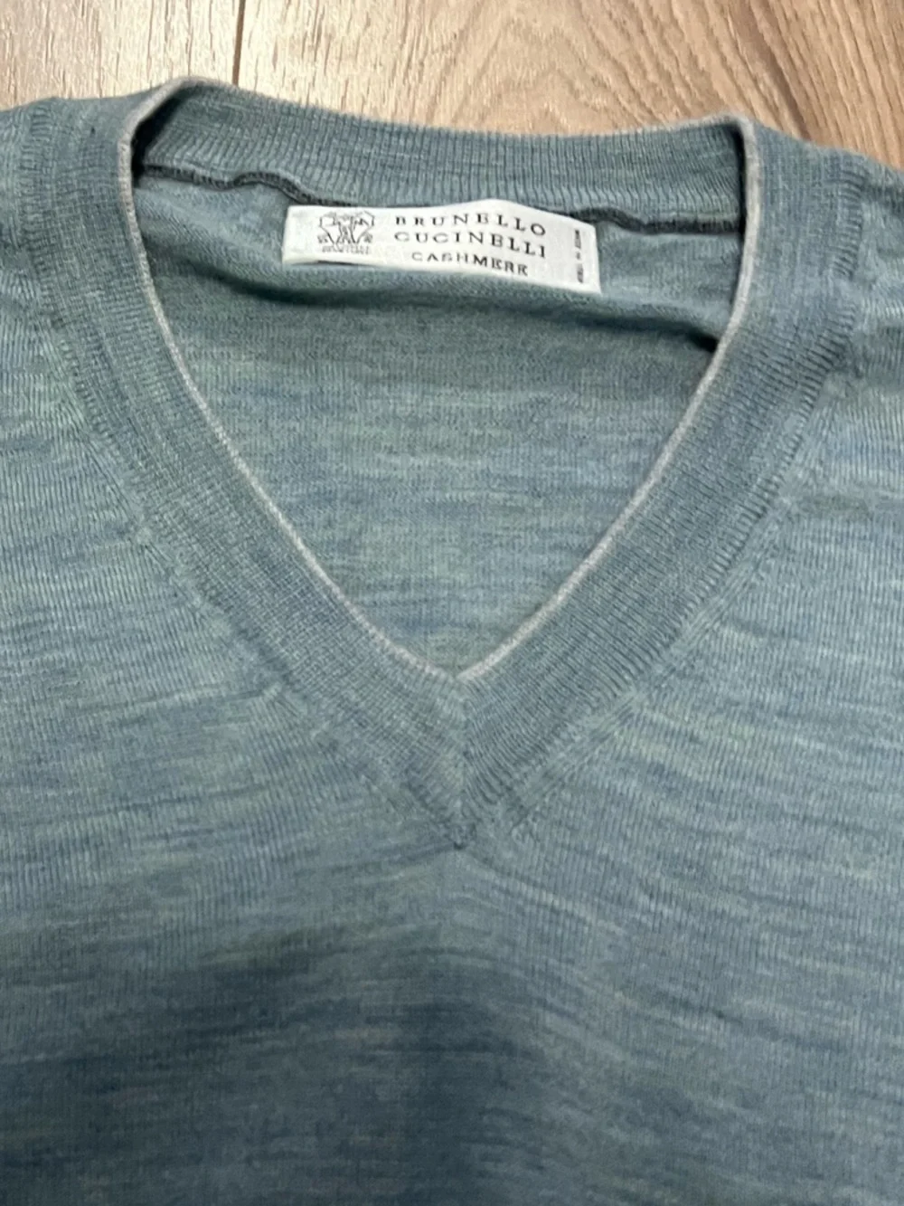Brunello Cucinelli Light Gray Blue Green V-Neck Wool Cashmere Sweater